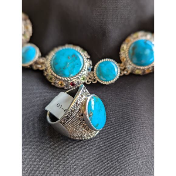 925 Turquoise & Multi-Gem Necklace & Turquoise Cabochon Ring Sterling Sz 9.5 - Picture 11 of 12